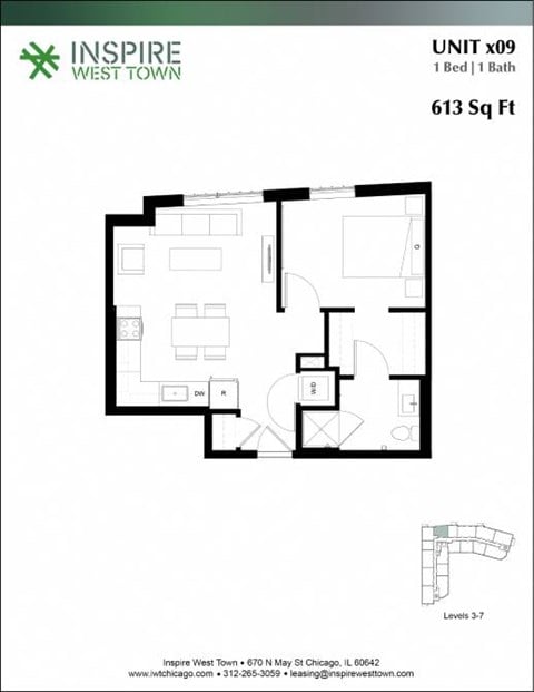 Floor plan for 1 bed, 1 bath, 613 sqft